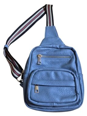 EUC Azure Blue Vegan (PVC) Leather Sling Bag with Striped Guitar Strap